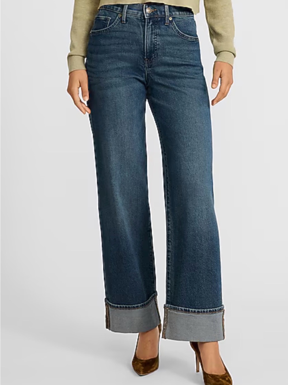 Express Women's Dark Blue Wide-Leg Cuffed Jeans